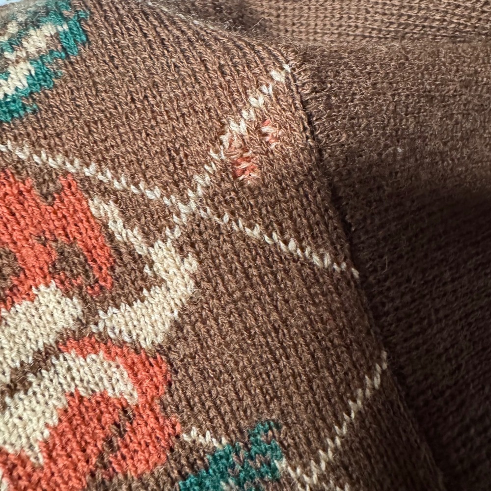 Vintage Cottagecore Floral Virgin Wool Cardigan M Brown Grandma Sweater Flawed - Picture 8 of 14